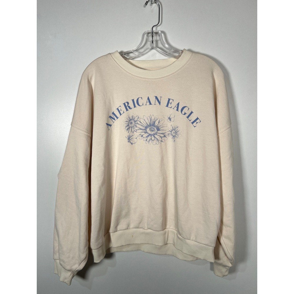 American Eagle Cream Floral Butterfly Graphic Crewneck‎ Sweatshirt XL Boho Cozy